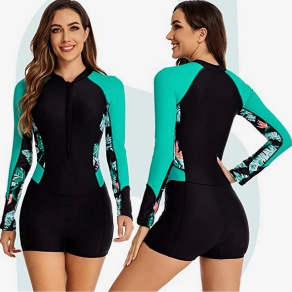 LAFYKOLY Women's Black Turquoise One Piece Surf Long Sleeve Romper Swimsuit NEW - Picture 1 of 7
